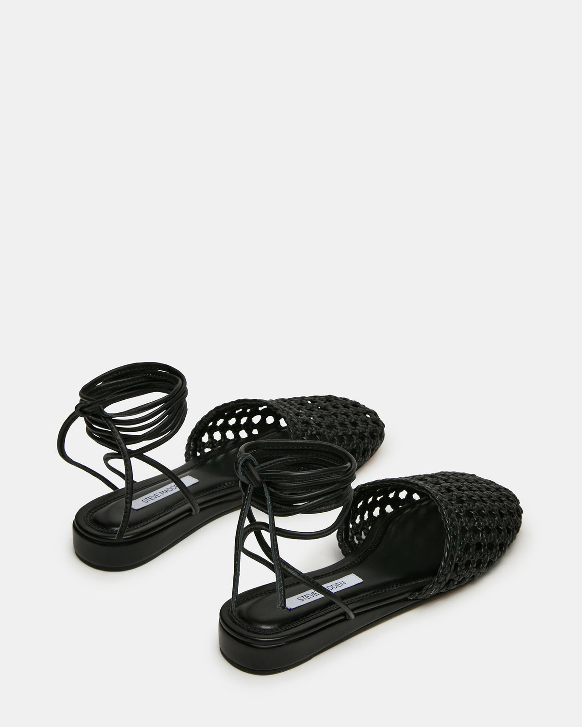 Steve Madden FLUTTER Black Leather Woven Mule Leg-Ties Strappy Women's Flat