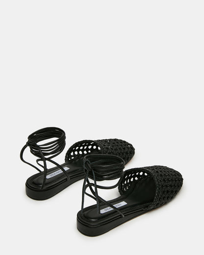 Steve Madden FLUTTER Black Leather Woven Mule Leg-Ties Strappy Women's Flat