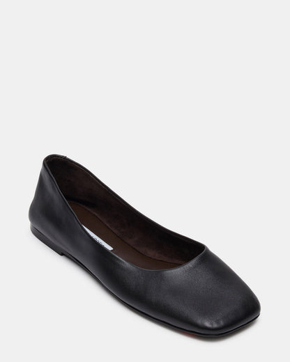 Steve Madden NURTURE Black Leather Square-Toe Ballet Women's Flat