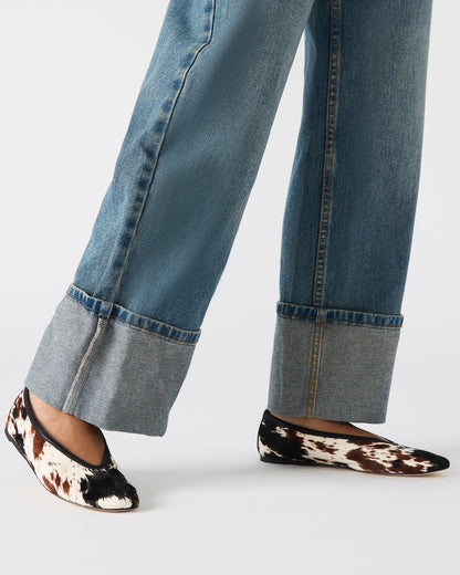 Steve Madden LENI Brown Cow Print Square-Toe Ballet Women's Flat