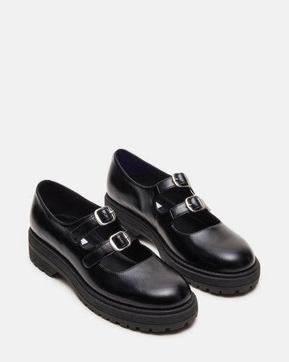 Steve Madden ALBA Black Leather Platform Lug Mary Jane Women's Loafer