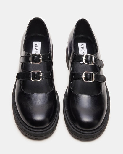 Steve Madden ALBA Black Leather Platform Lug Mary Jane Women's Loafer