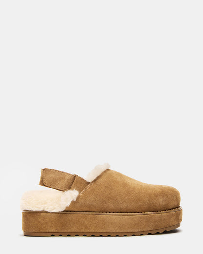 Steve Madden MELLOW Faux Fur Cognac Suede Women's Slingback Platform Clog