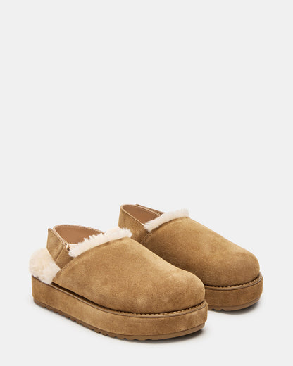 Steve Madden MELLOW Faux Fur Cognac Suede Women's Slingback Platform Clog