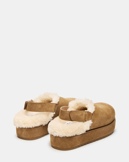 Steve Madden MELLOW Faux Fur Cognac Suede Women's Slingback Platform Clog