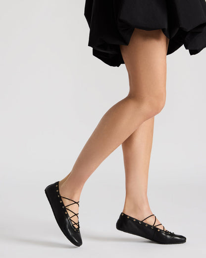 Steve Madden POINTE Black Leather Women's Ballet Square-Toe Flat