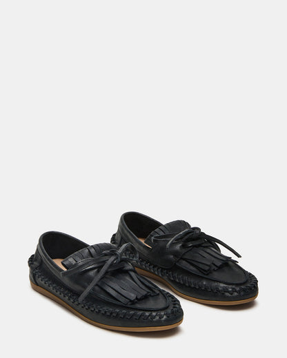 Steve Madden SAMUAL Black Distressed Fringe Boat Women's Loafer