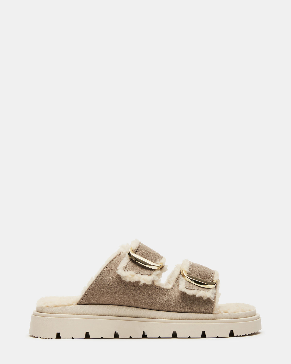 Steve Madden SNUGGLE Sand Suede Faux Fur Slide | Women's Flats
