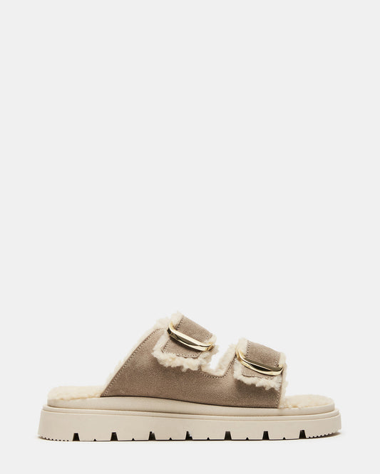 Steve Madden SNUGGLE Sand Suede Faux Fur Slide | Women's Flats