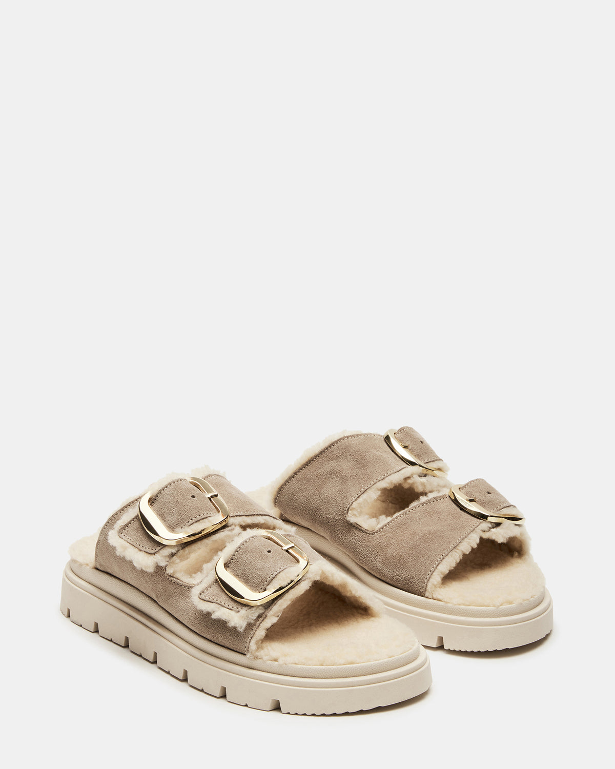 Steve Madden SNUGGLE Sand Suede Faux Fur Slide | Women's Flats