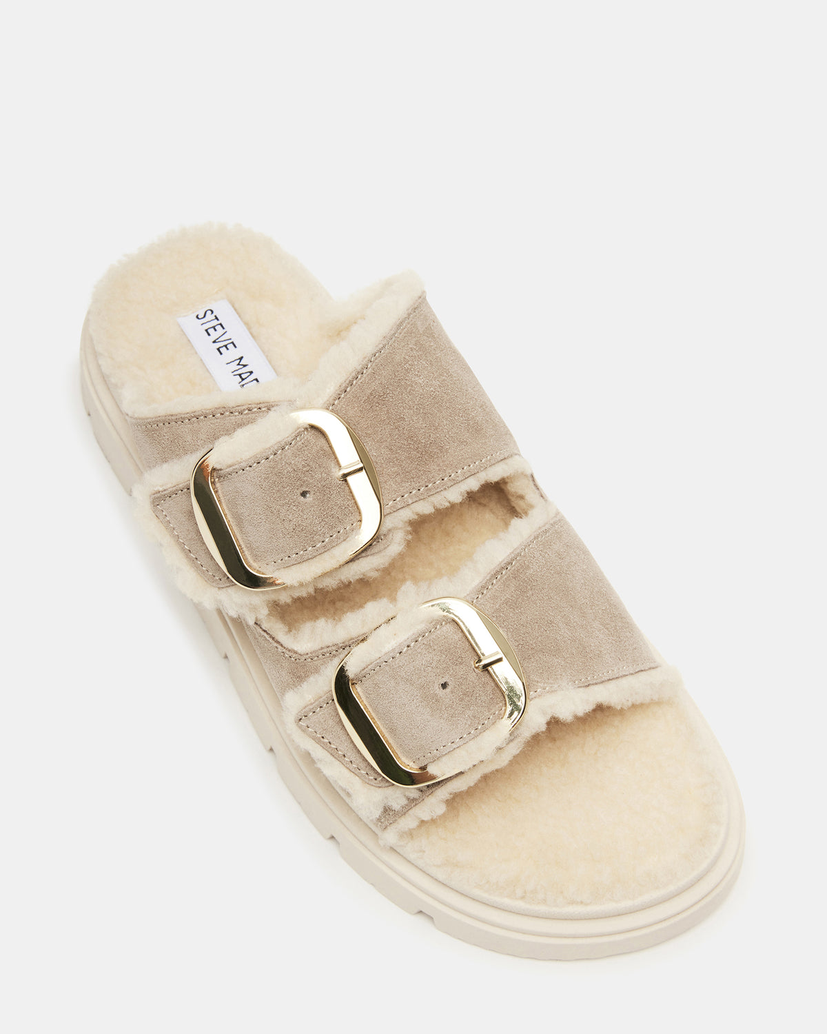 Steve Madden SNUGGLE Sand Suede Faux Fur Slide | Women's Flats