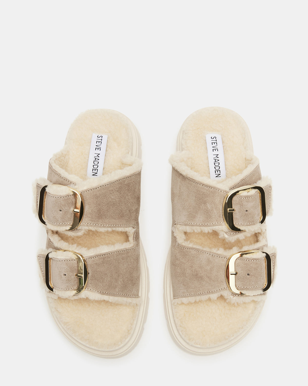 Steve Madden SNUGGLE Sand Suede Faux Fur Slide | Women's Flats