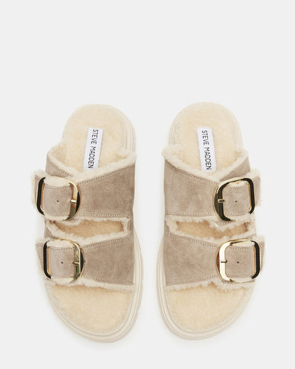 Steve Madden SNUGGLE Sand Suede Faux Fur Slide | Women's Flats