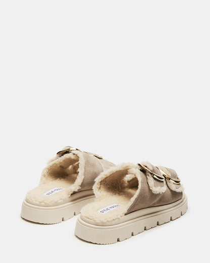 Steve Madden SNUGGLE Sand Suede Faux Fur Slide | Women's Flats