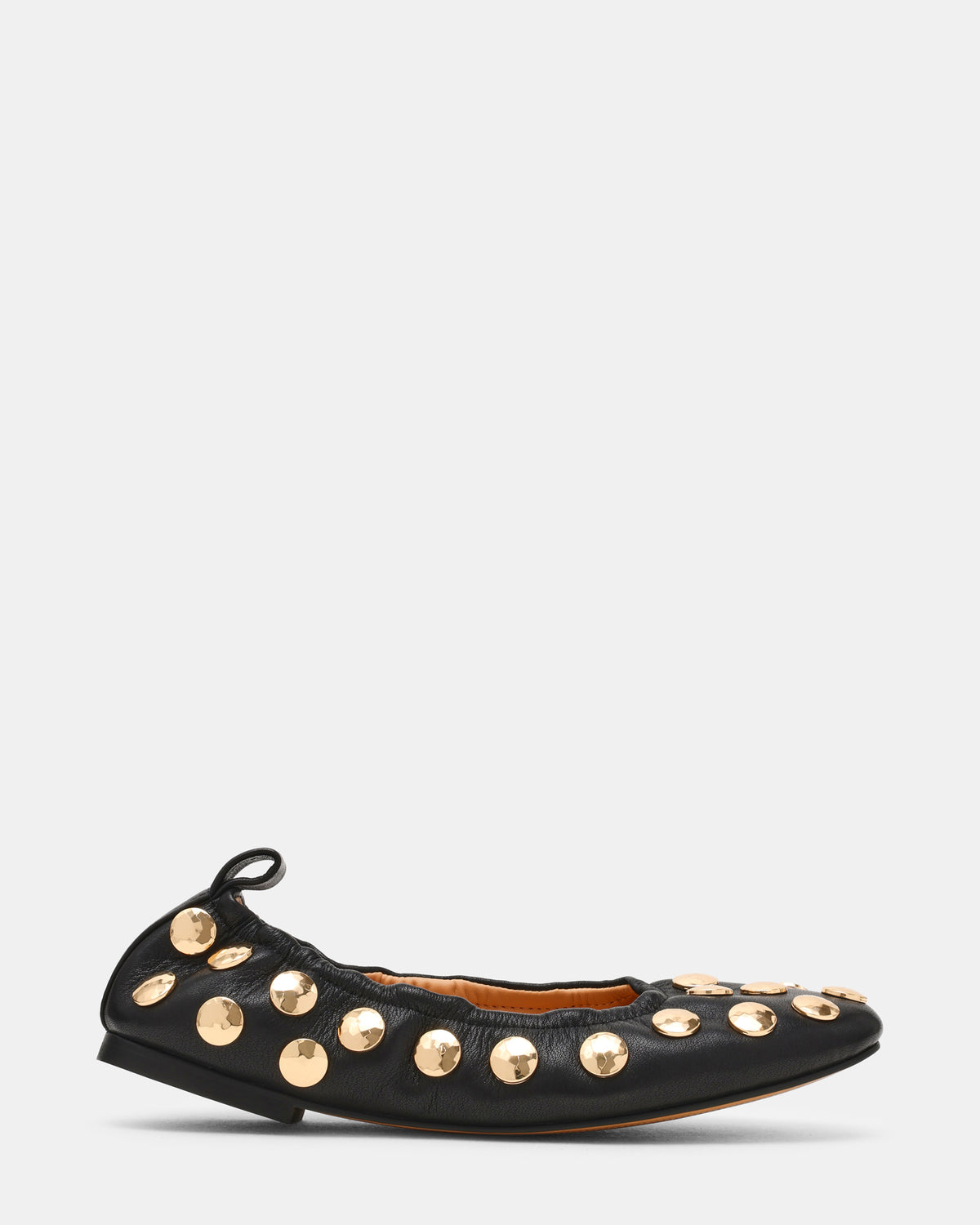 Steve Madden LANTA Black Leather Studded Gold-Detail Round-Toe Women's Flat