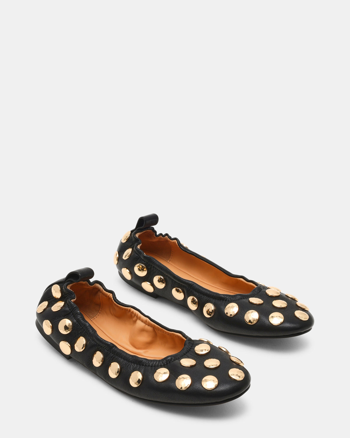 Steve Madden LANTA Black Leather Studded Gold-Detail Round-Toe Women's Flat
