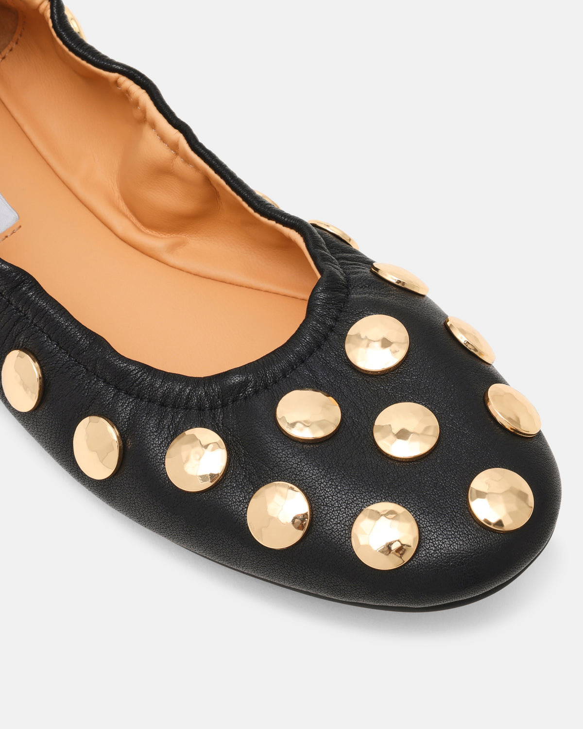 Steve Madden LANTA Black Leather Studded Gold-Detail Round-Toe Women's Flat