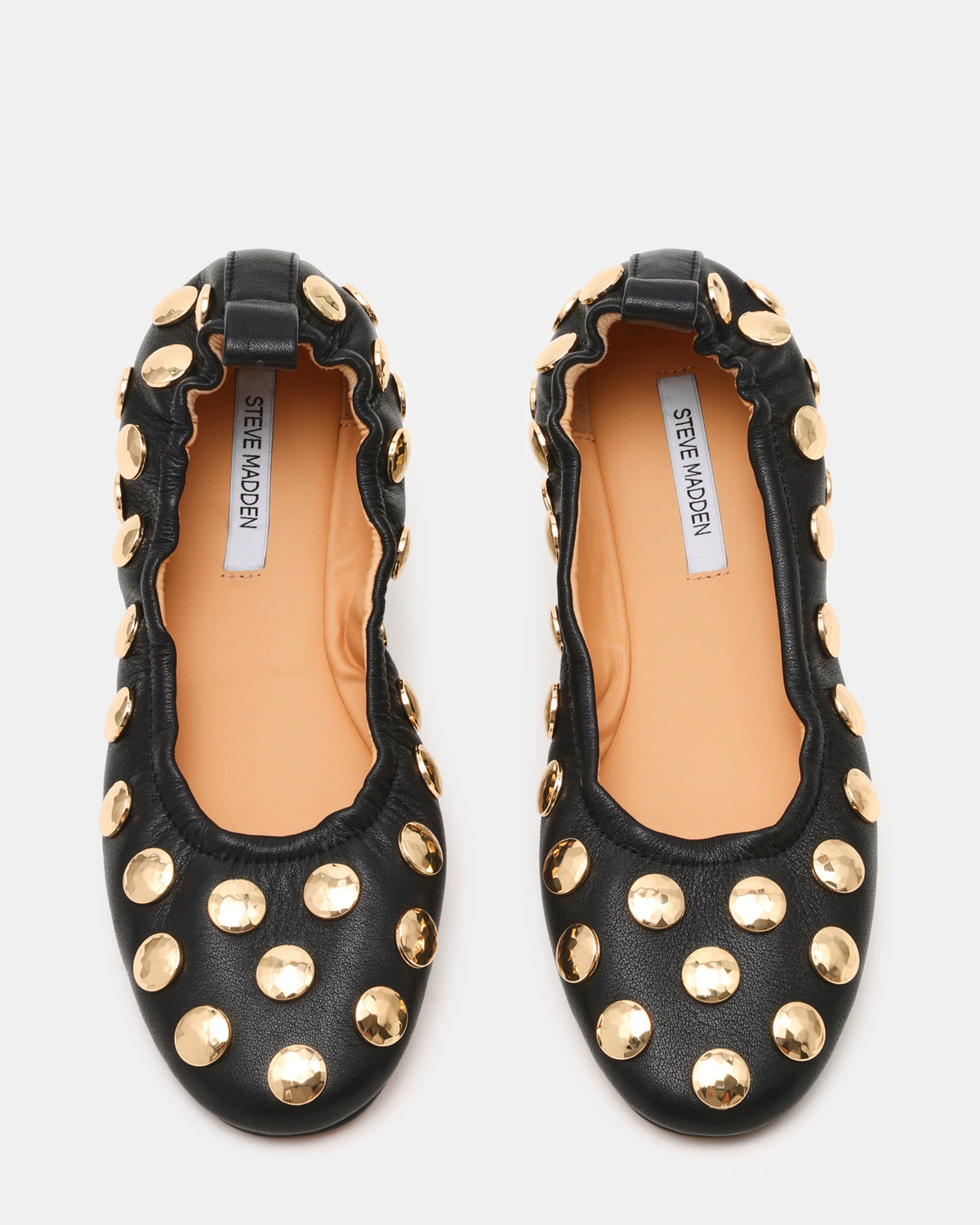 Steve Madden LANTA Black Leather Studded Gold-Detail Round-Toe Women's Flat