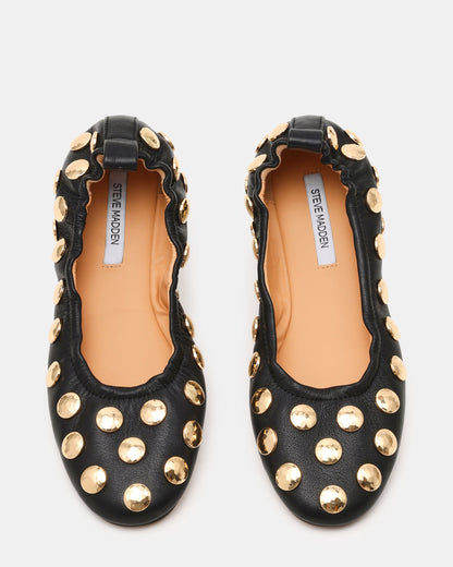 Steve Madden LANTA Black Leather Studded Gold-Detail Round-Toe Women's Flat