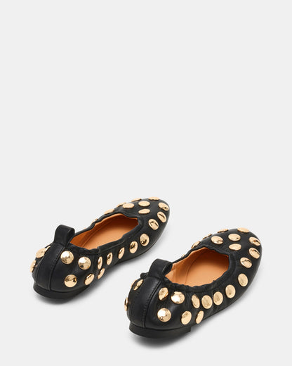 Steve Madden LANTA Black Leather Studded Gold-Detail Round-Toe Women's Flat