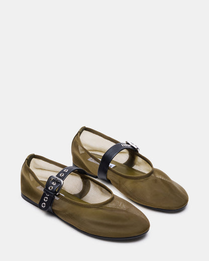 Steve Madden MITSY Olive/Black Mary Jane Mesh Ballet Women's Flat
