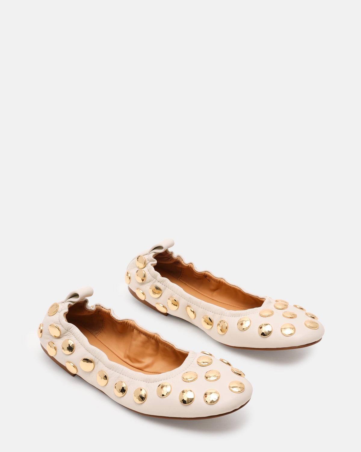 Steve Madden LANTA White Leather Studded Gold-Detail Round-Toe Women's Flat