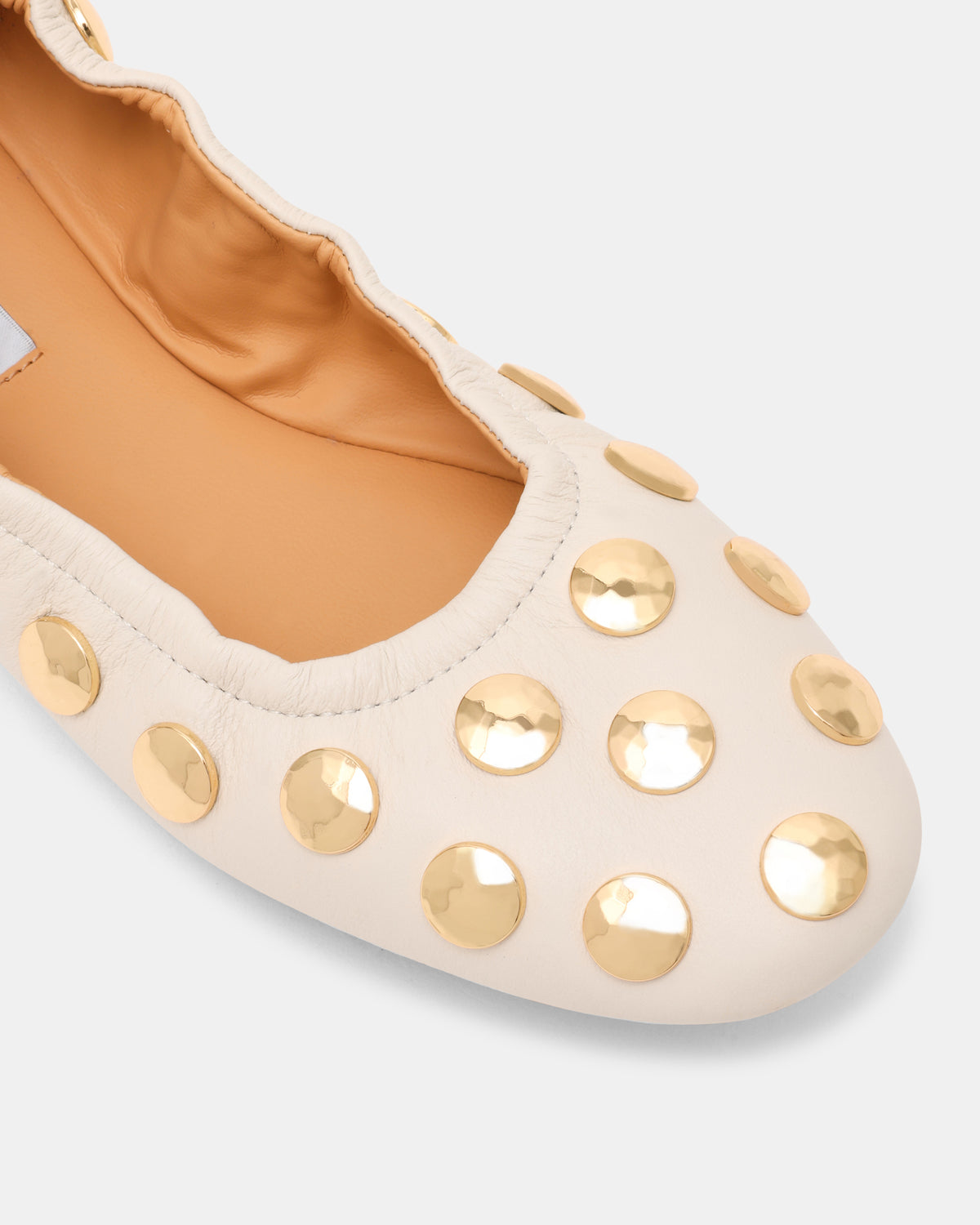Steve Madden LANTA White Leather Studded Gold-Detail Round-Toe Women's Flat