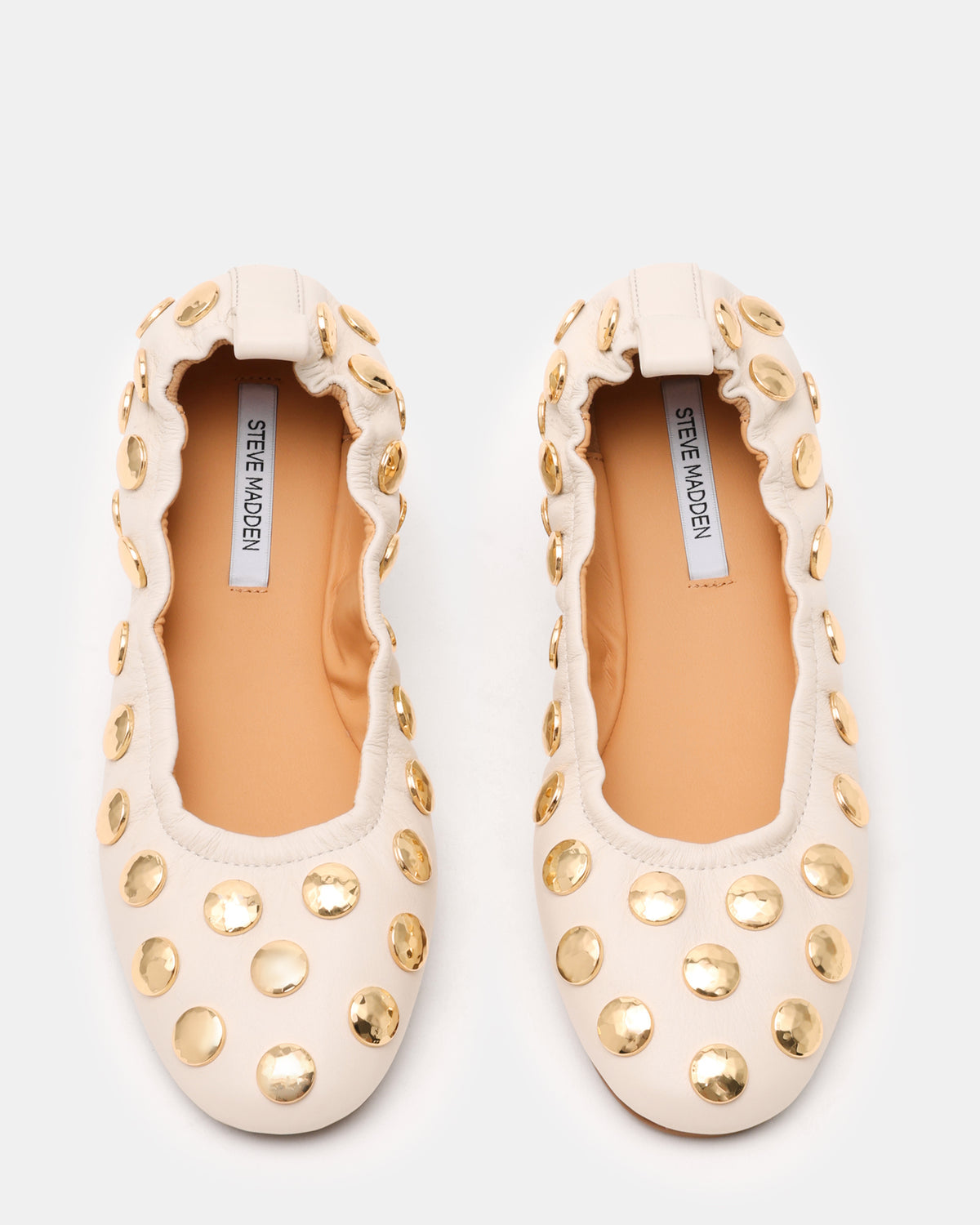 Steve Madden LANTA White Leather Studded Gold-Detail Round-Toe Women's Flat