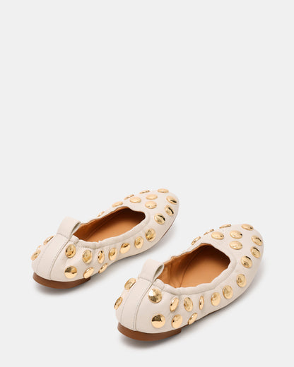 Steve Madden LANTA White Leather Studded Gold-Detail Round-Toe Women's Flat