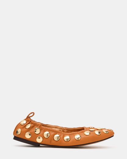 Steve Madden LANTA Tan Leather Studded Gold-Detail Round-Toe Women's Flat