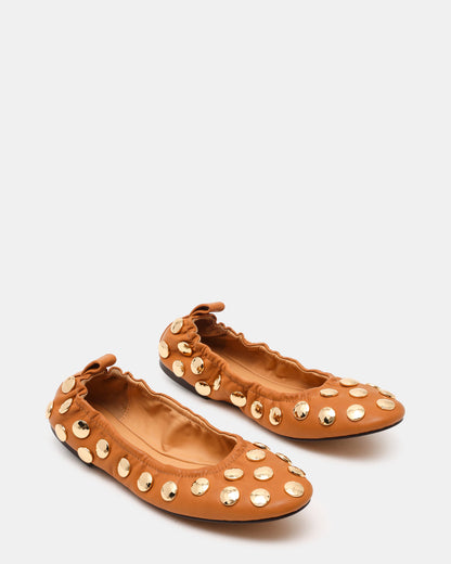 Steve Madden LANTA Tan Leather Studded Gold-Detail Round-Toe Women's Flat