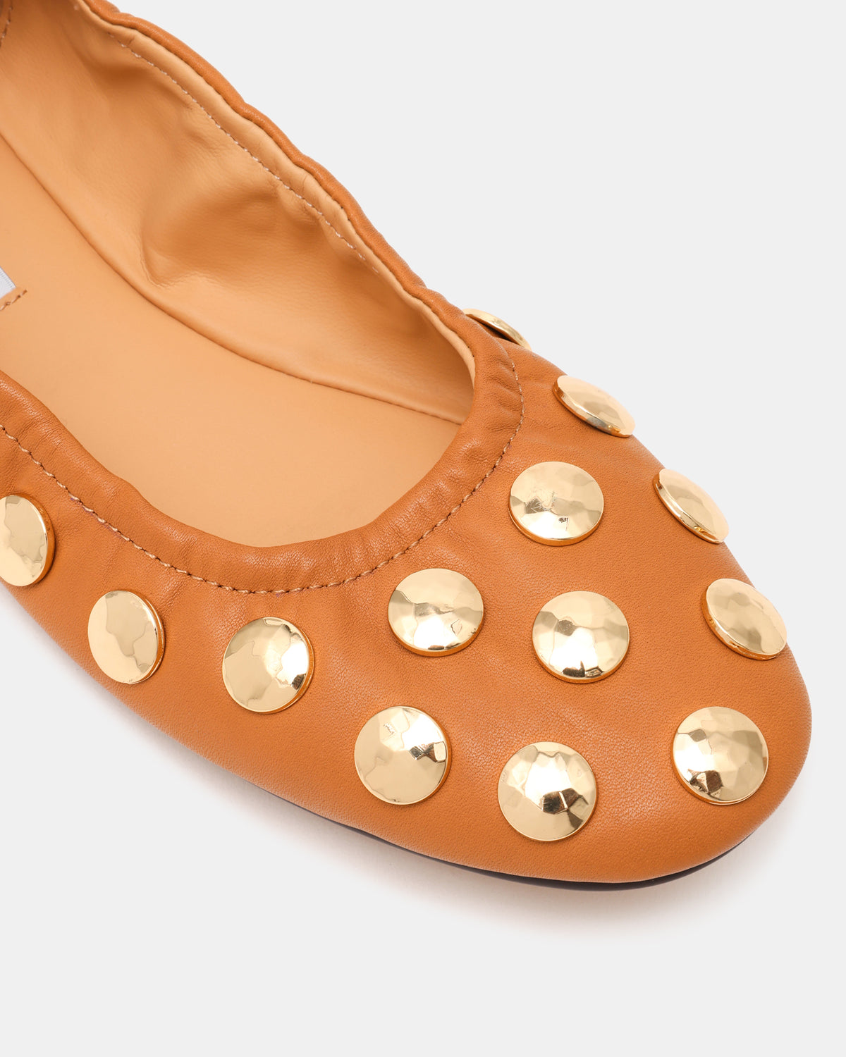 Steve Madden LANTA Tan Leather Studded Gold-Detail Round-Toe Women's Flat
