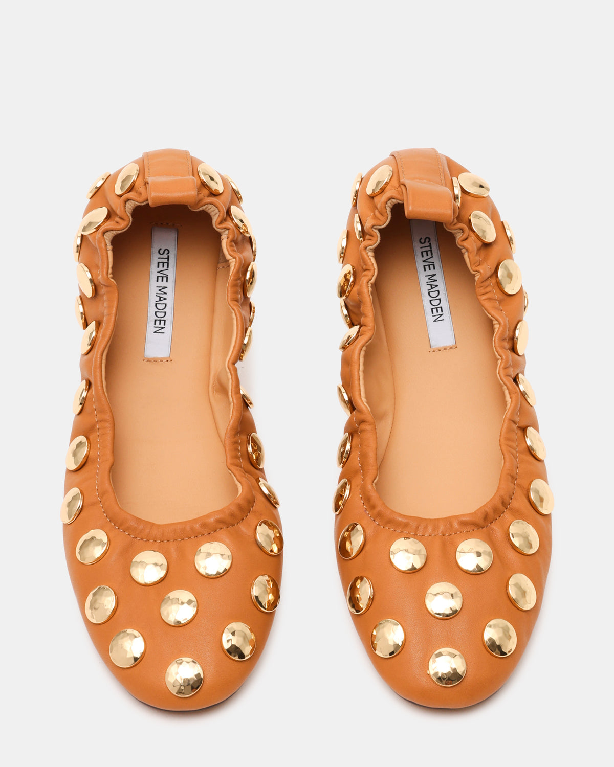 Steve Madden LANTA Tan Leather Studded Gold-Detail Round-Toe Women's Flat