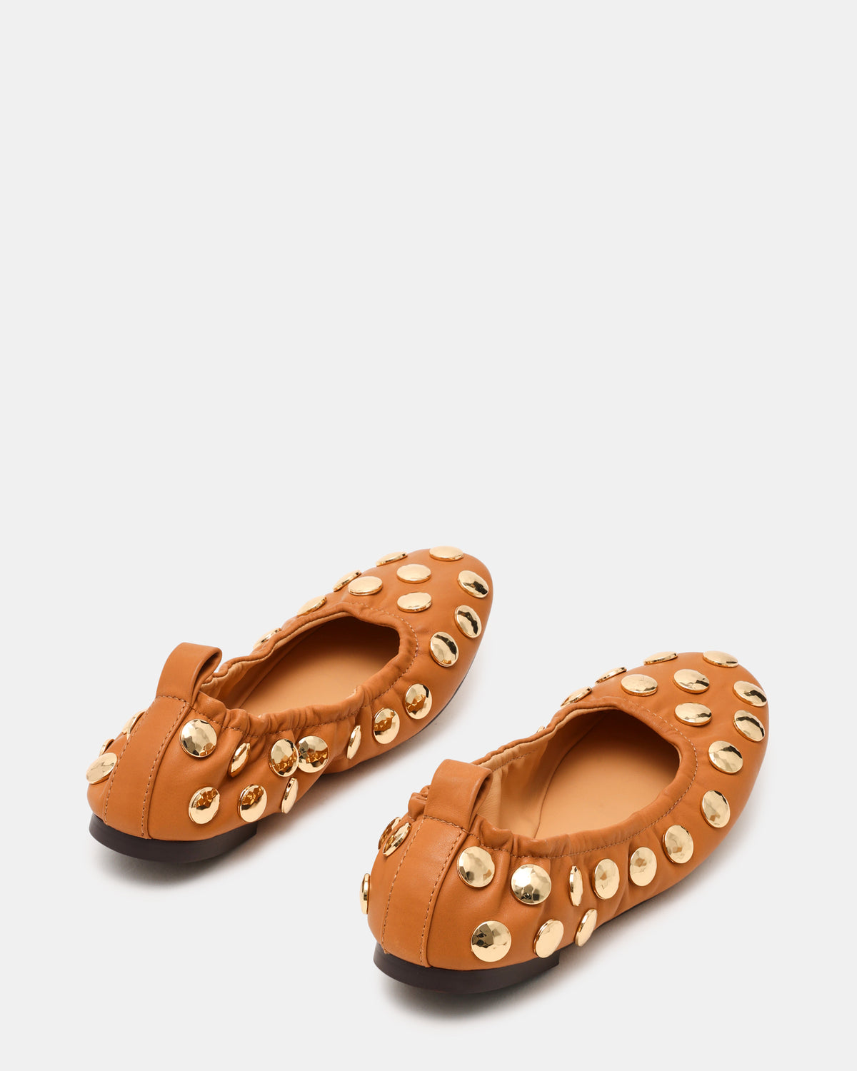 Steve Madden LANTA Tan Leather Studded Gold-Detail Round-Toe Women's Flat