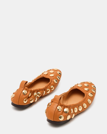 Steve Madden LANTA Tan Leather Studded Gold-Detail Round-Toe Women's Flat