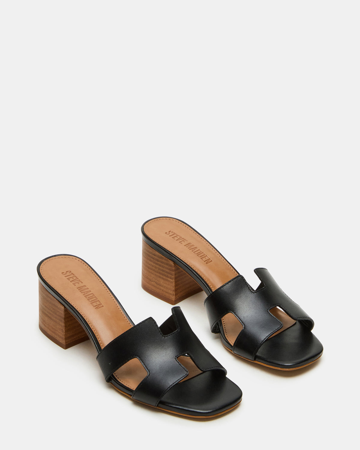 Steve Madden HANA Black Leather Square-Toe Mule Block Heel Women's Sandal