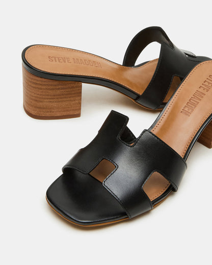 Steve Madden HANA Black Leather Square-Toe Mule Block Heel Women's Sandal