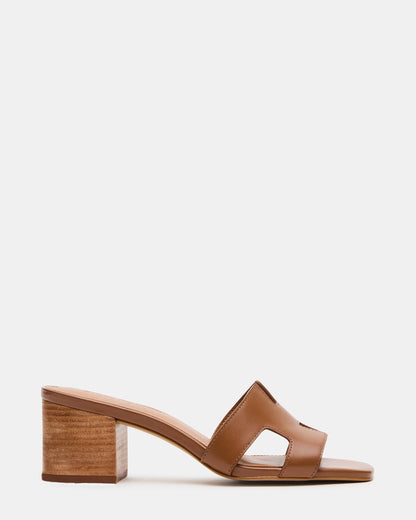 Steve Madden HANA Cognac Leather Square-Toe Mule Block Heel Women's Sandal