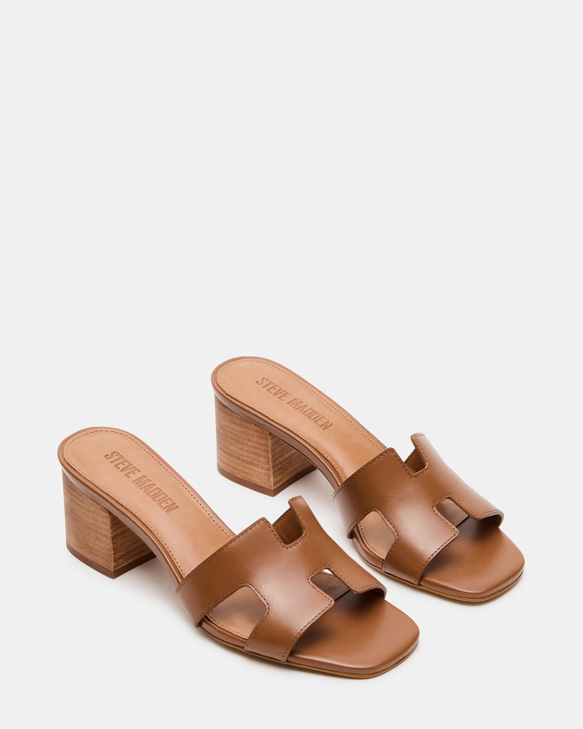 Steve Madden HANA Cognac Leather Square-Toe Mule Block Heel Women's Sandal