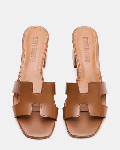Steve Madden HANA Cognac Leather Square-Toe Mule Block Heel Women's Sandal