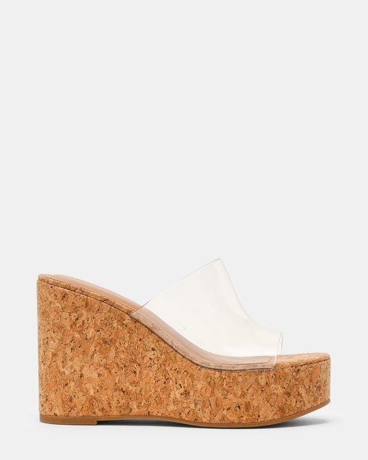 Steve Madden CASSI Cork Clear Platform Raffia Wedge Women's Sandal