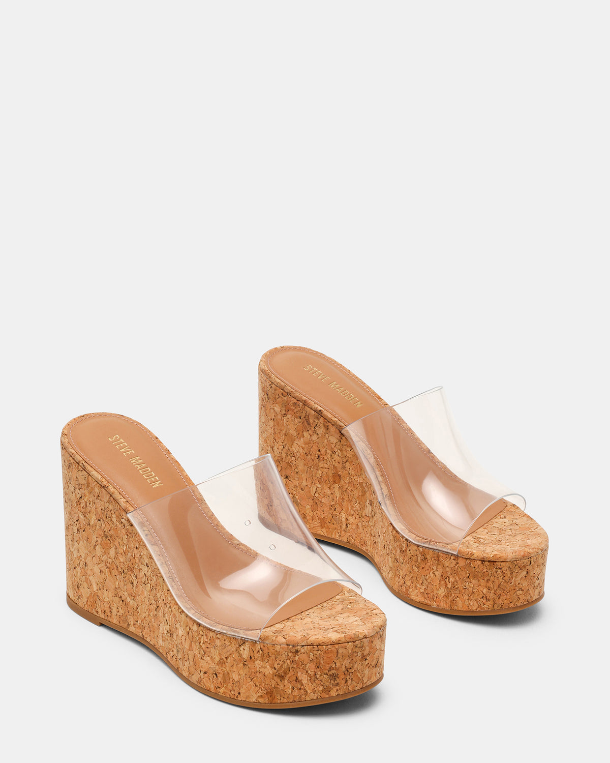 Steve Madden CASSI Cork Clear Platform Raffia Wedge Women's Sandal