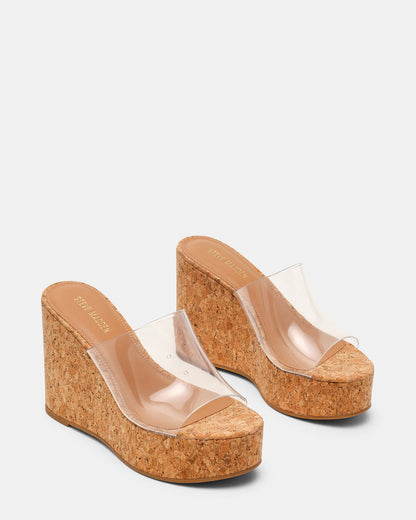 Steve Madden CASSI Cork Clear Platform Raffia Wedge Women's Sandal