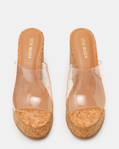 Steve Madden CASSI Cork Clear Platform Raffia Wedge Women's Sandal