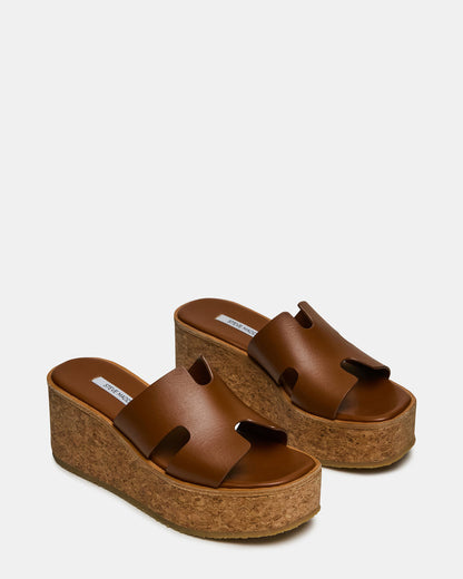 Steve Madden HARMONY Cognac Leather Wedge Mule Cork Platform Women's Sandal
