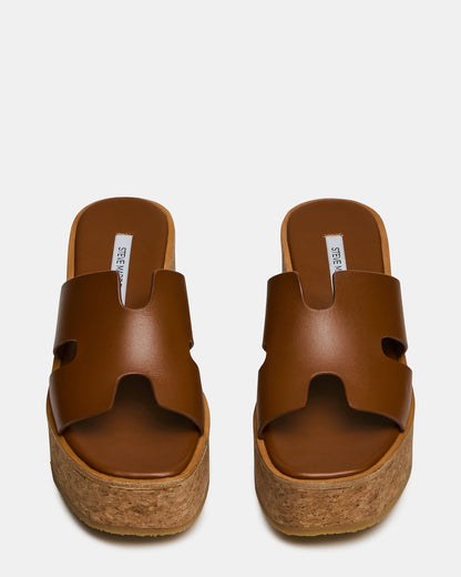 Steve Madden HARMONY Cognac Leather Wedge Mule Cork Platform Women's Sandal