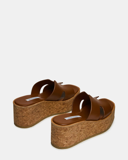 Steve Madden HARMONY Cognac Leather Wedge Mule Cork Platform Women's Sandal