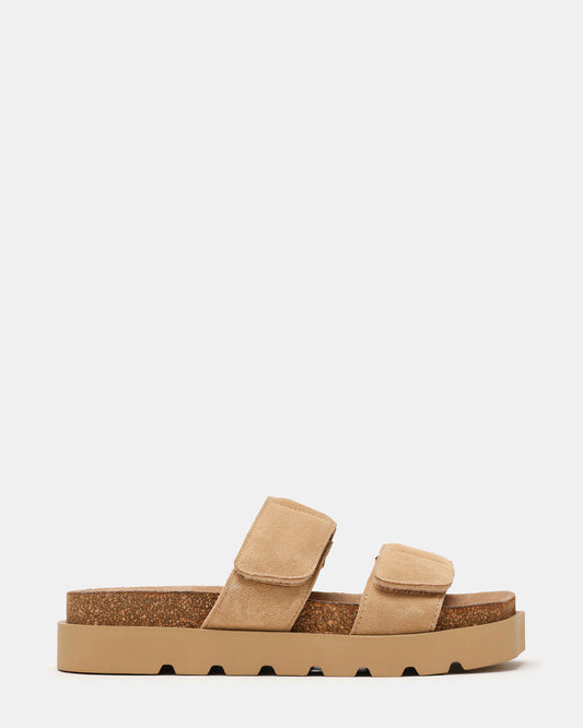 Steve Madden LUTHER Taupe Suede Velcro Strap Slip-On Square-Toe Women's Sandals