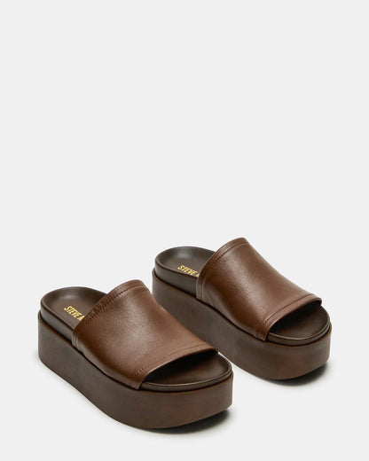 Steve Madden ARWEN Brown Leather Women's Platform Footbed Slide Chunky Sandal
