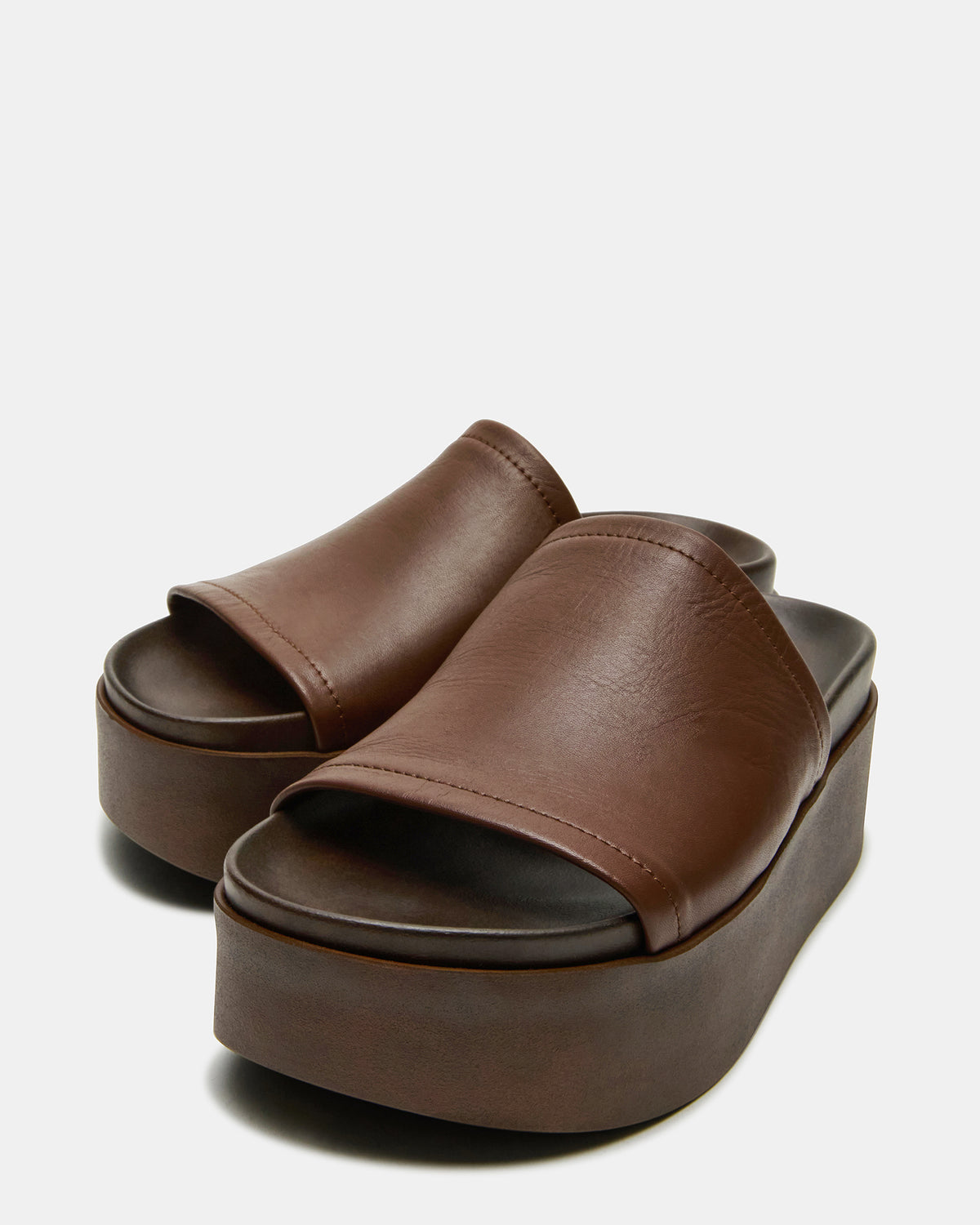 Steve Madden ARWEN Brown Leather Women's Platform Footbed Slide Chunky Sandal